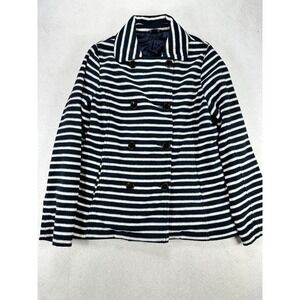Lands End Navy White Striped Peacoat Jacket Womens Medium 10-12 Double Breasted